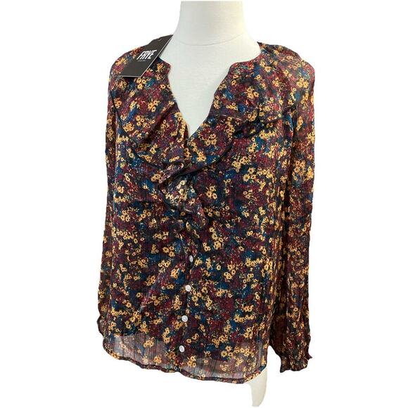 Frye Women’s Floral Button Up Blouse Sz S New Ruffle Western Peasant Red Gold - Picture 1 of 9